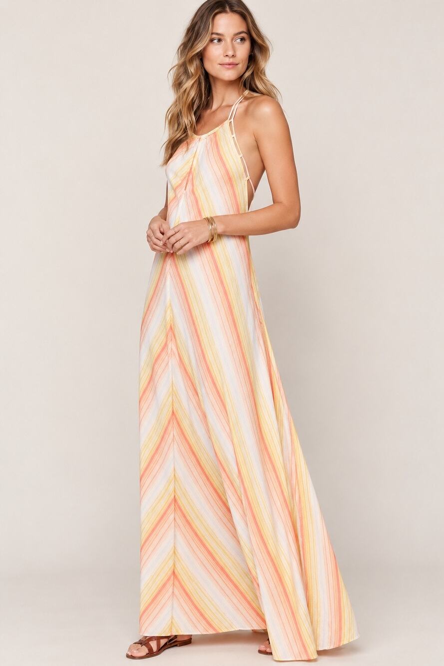 Free People Atlantis Sunset Maxi Dress Orange Yellow Striped Cotton Gauze Small